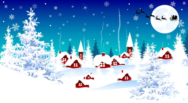 被白雪覆盖的村庄 圣诞前夜冬季乡村景观夜景 — 图库矢量图片