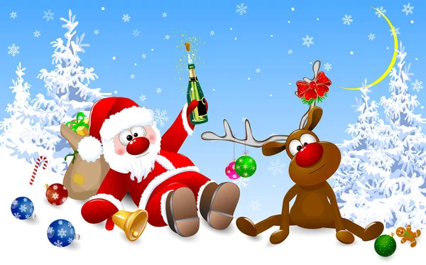 在冬季森林里的圣诞老人和鹿儿冬天的圣诞老人和鹿儿 在白雪覆盖的冷杉树的背景下 圣诞老人和一只红鼻子的鹿 — 图库矢量图片
