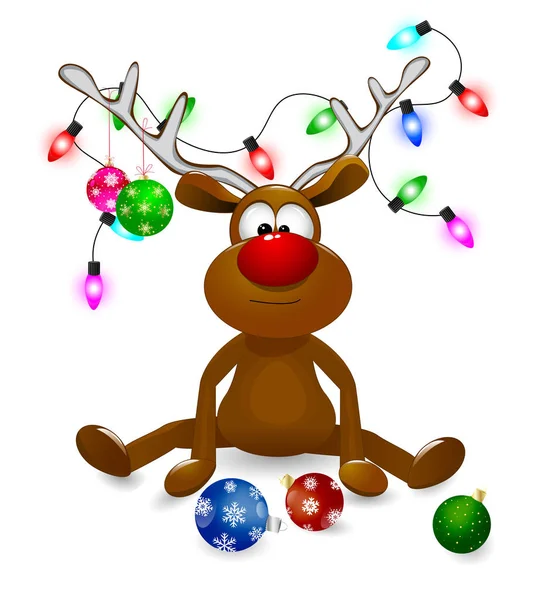 クリスマスのモミ装飾や弓ノットで飾られた鹿を漫画します 白地に赤い鼻と鹿 — ストックベクタ
