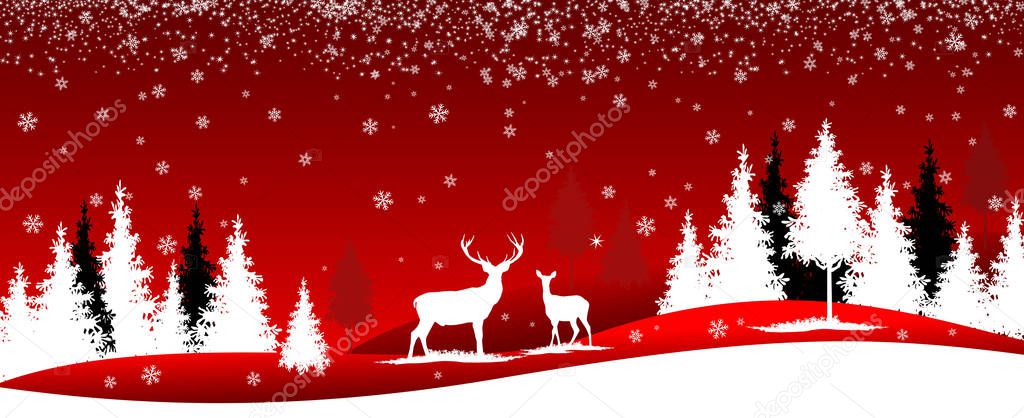 Winter landscape. Forest in winter. Trees, deer, snowflakes on a red background. Winter red banner.