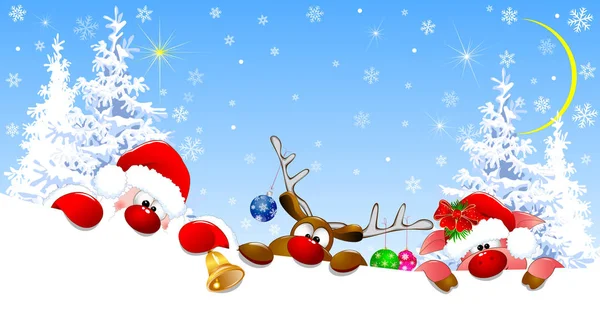 Санта Клаус Олень Поросенок Рождественскими Украшениями Зимнем Лесу Канун Рождества — стоковый вектор