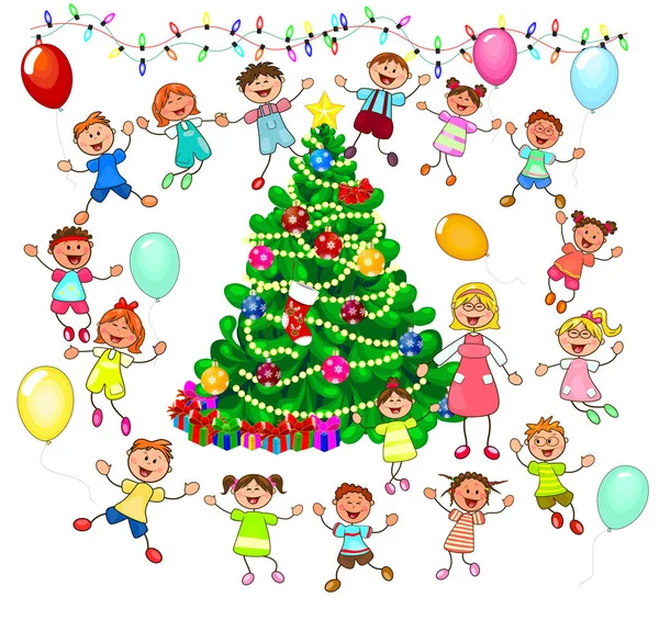Kinder freuen sich über den Weihnachtsbaum — Stockvektor