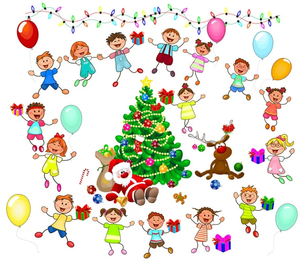 Веселих Дітей Санту Біля Ялинки Санта Олені Діти Святкують Різдво — стоковий вектор