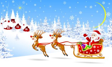 Noel Baba ve geyik arka plandaki köy ve kış ormanlarında. Noel Baba kızağında, geyik tarafından kullanılıyor. Noel Baba kızağında hediyelerle.