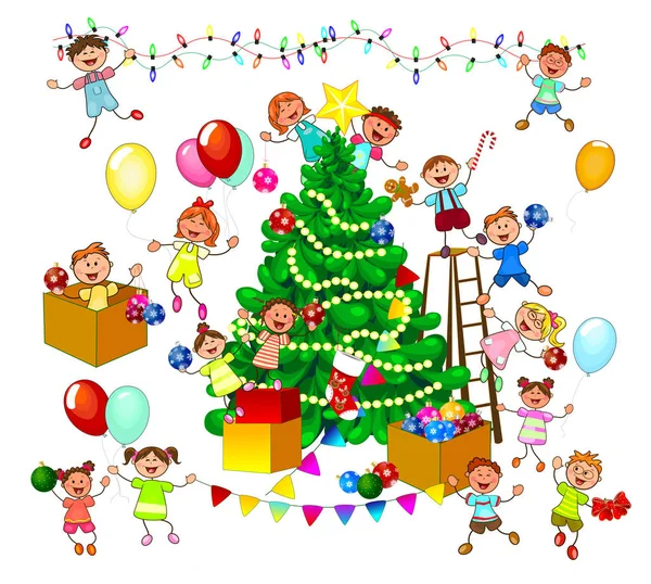 Glada Små Barn Dekorerar Julgranen Grupp Glada Leende Barn Vit — Stock vektor