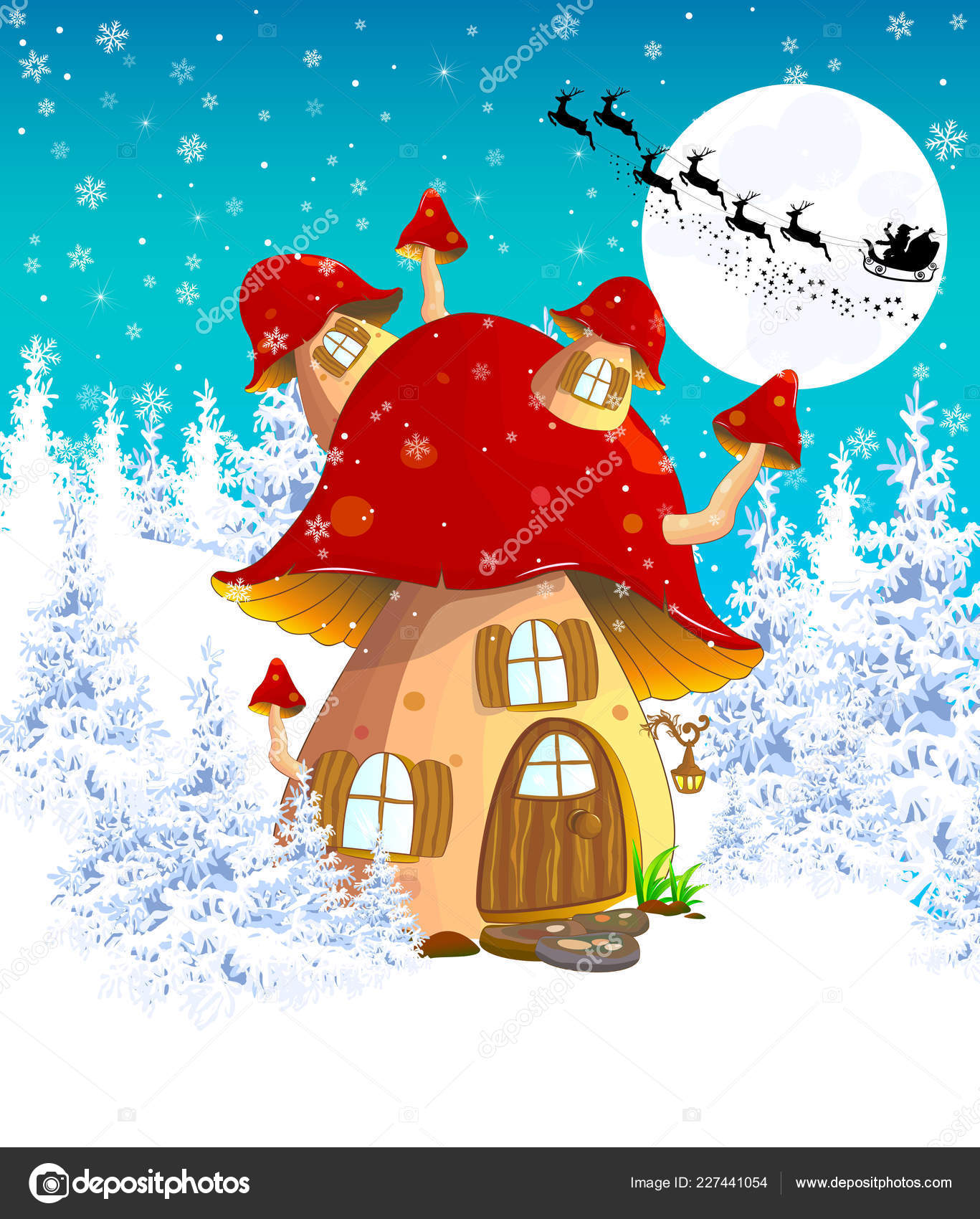 Cartoon Mushroom House Background Winter Snow Covered Forest Silhouette Santa Vector Image By C Liole Vector Stock