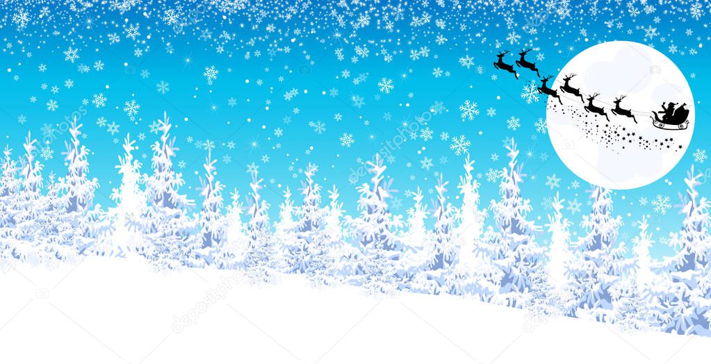 Santa in sleigh with deers on the background of the moon, the winter forest and snowflakes