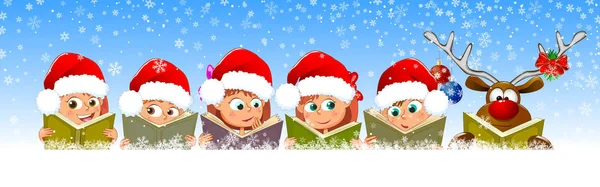 Niños y renos leen libros para Navidad — Vector de stock