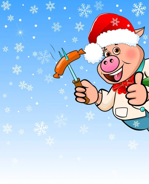 Kreskówka Świnia Kapeluszu Święty Mikołaj Trzyma Kiełbasę Grill Ręce — Wektor stockowy