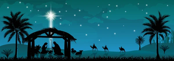 Escena Natividad Jesucristo Navidad Escena Navidad Noche Navidad — Vector de stock