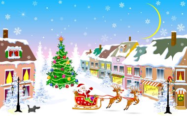 Kışın Noel gecesi şehir caddesinde. Noel Baba ren geyiğiyle kızakta. Noel ağacı. Karla kaplı evler. Noel arifesinde kış gecesi.