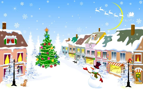 Město, Vánoce, zima, sněhulák, vánoční večer — Stockový vektor