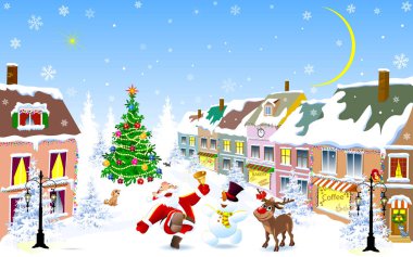 Kışın Noel gecesi şehir caddesinde. Noel Baba, geyik ve kardan adam mutlu Noeller diler. Noel ağacı. Karla kaplı evler. Noel arifesinde kış gecesi.