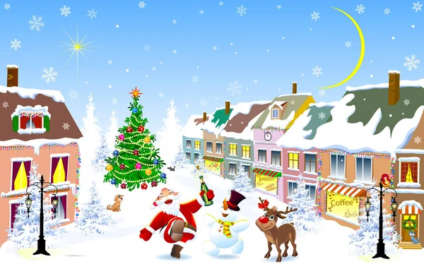 Міська Вулиця Зимову Різдвяну Ніч Санта Олені Сніговик Щасливо Вітають — стоковий вектор