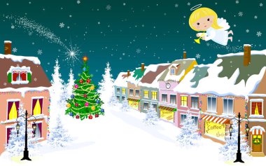 Noel meleği gece gökyüzünde uçuyor. Şehrin ve ağaçların üzerinde..