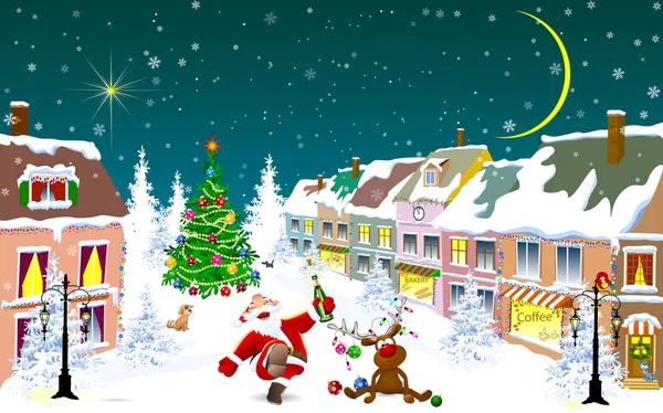Kışın Noel gecesi şehir caddesinde. Noel Baba ve geyik mutlu Noeller diler. Noel ağacı. Karla kaplı evler. Noel arifesinde kış gecesi.