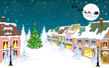 Kış şehri manzarası. Ay 'ın arka planında kızağında Noel Baba var. Kışın şehir caddesi. Evler karla kaplı. Şehir caddesinde kar. Karla kaplı şehir.