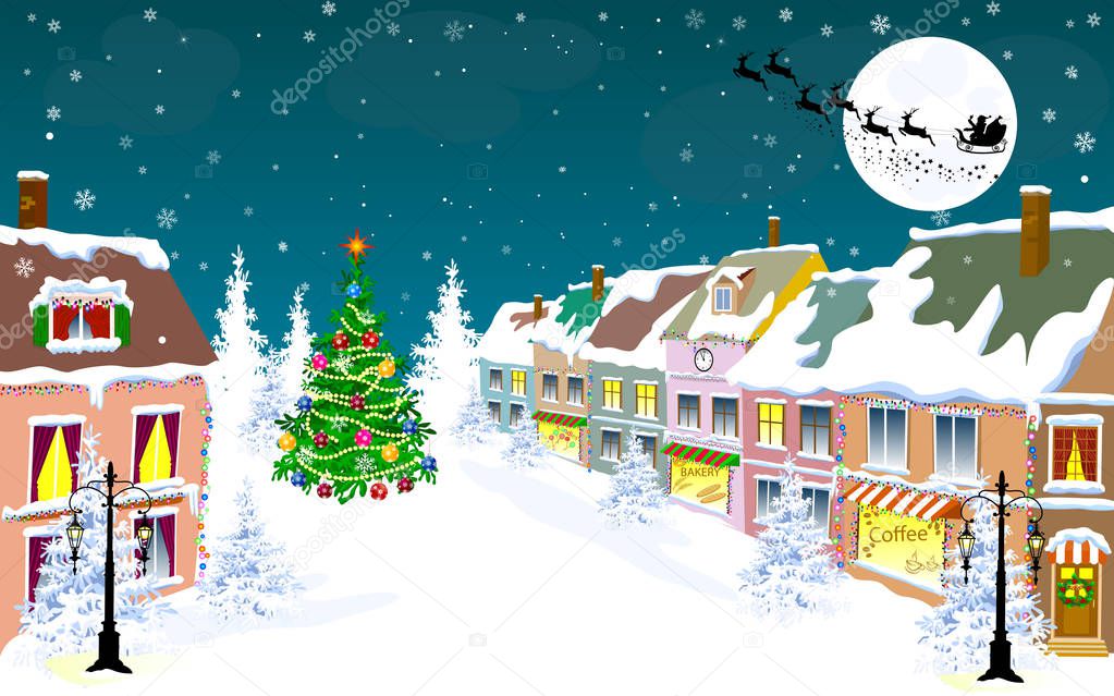 Winter city landscape. Santa Claus on his sleigh on the background of the moon. City street in winter. The houses are covered with snow. Snow on a city street. Snow-covered city.