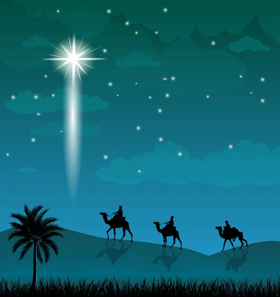 Jinetes Camellos Sobre Fondo Del Cielo Nocturno Estrella Brillante Caravana — Archivo Imágenes Vectoriales