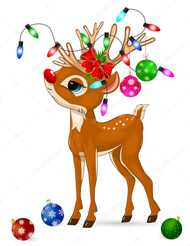 Little cartoon deer with Christmas decorations on a white background. Deer baby with a red nose.