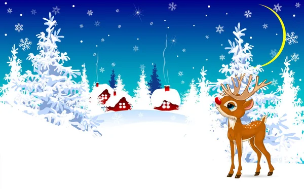 Cartoon Deer Winter Background Deer Background Winter Forest Snow Covered — Stock Vector
