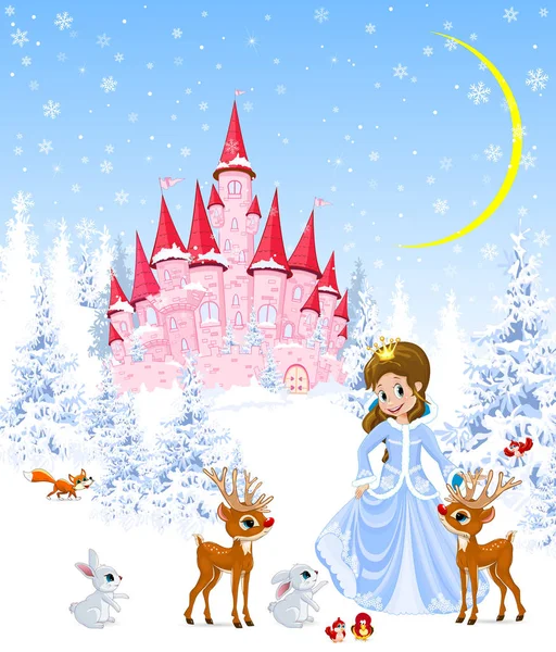 公主的背景是粉红城堡和冬季森林 公主站在鹿 兔子和鸟儿旁边 冬季景观 — 图库矢量图片
