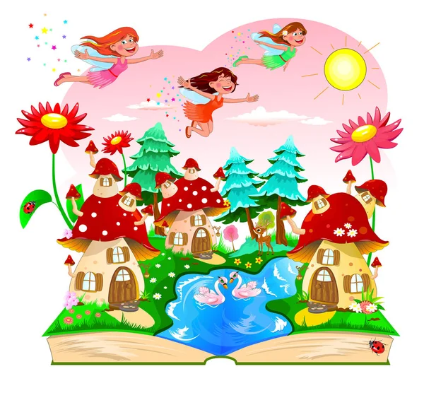Joyful Fairies Flying Sky Mushroom Houses Landscape Mushroom Houses River — Stock Vector