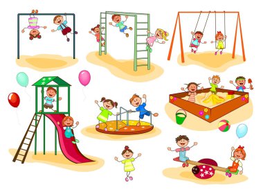 Mutlu çocuklar parkta oynarlar. Neşeli küçük çocuklar. Bir grup mutlu, gülümseyen çocuk..