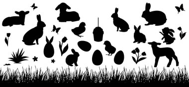 Easter hayvan kümesi. Tavşan, civciv ve Kuzuların siluetleri