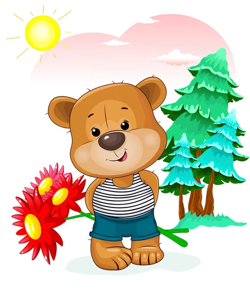 Urso com um buquê de flores na natureza —  Vetores de Stock