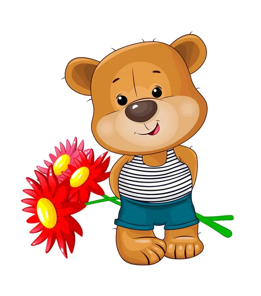 Urso bonito com um buquê de flores —  Vetores de Stock