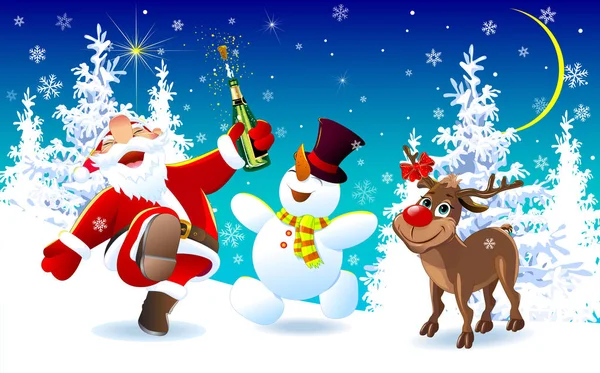 Happy Santa, a deer and a snowman on Christmas Eve 1 — Stock Vector