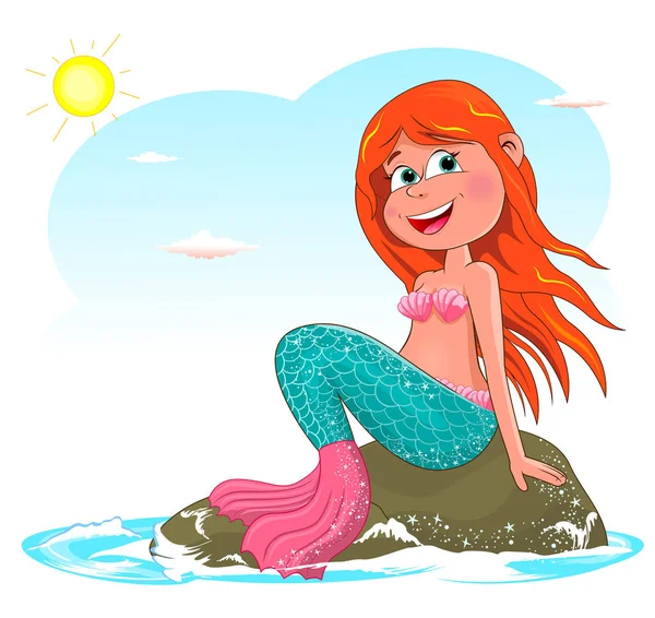 Kleine fröhliche Meerjungfrau sitzt auf einem Stein — Stockvektor