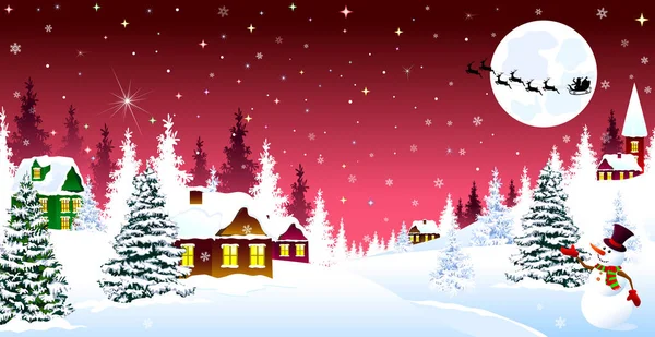 Christmas winter night over a snow-covered village — Stock Vector