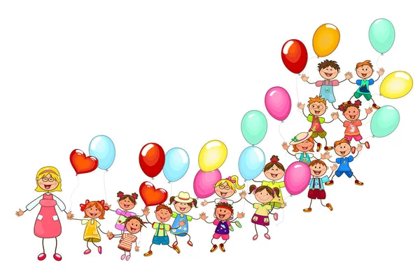 Niños felices con globos en un paseo — Vector de stock