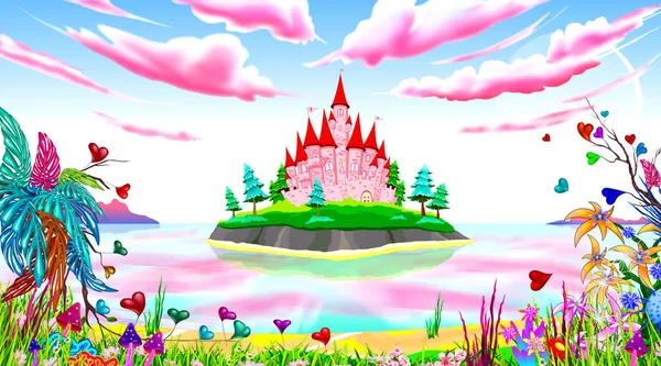 Pink princess castle fairytale landscape