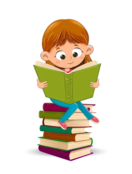 Little girl reads books — Stock Vector