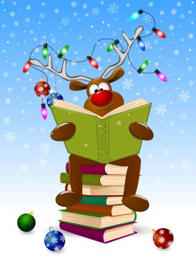 Ren geyiği Noel için kitap okuyor.
