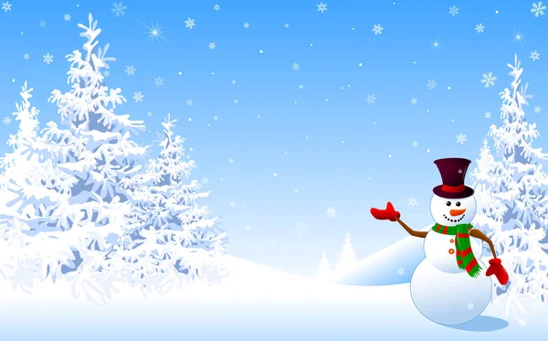 Bonhomme de neige carte de voeux de Noël fond d'hiver — Image vectorielle