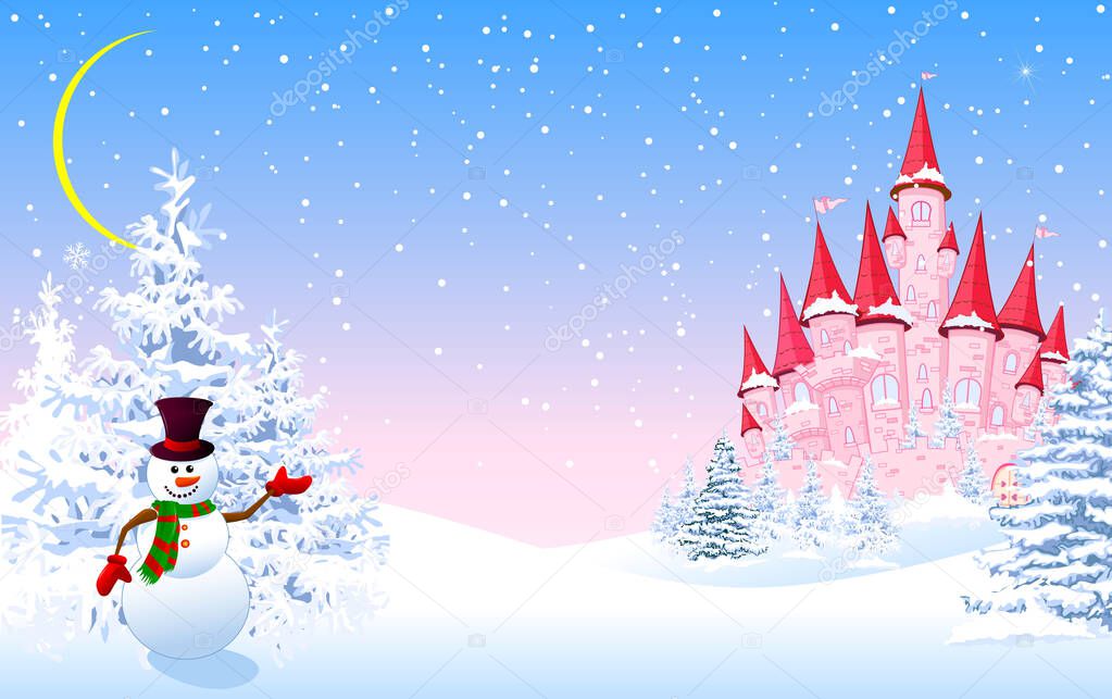 Pink castle winter forest night