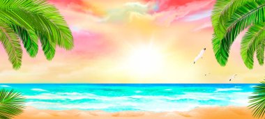 Palmiye ağaçları ve okyanus manzaralı tropik plaj. Tropik deniz manzarası.