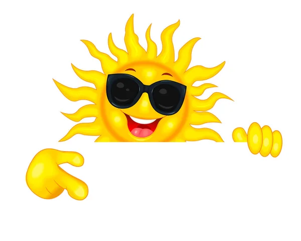 Cheerful Cartoon Sun Sun Glasses Smiling Sun Shows Direction His — Stock Vector