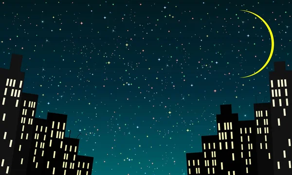 Çizgi Film Şehrine Karşı Gecenin Arka Planı Yıldızlı Gökyüzü — Stok Vektör