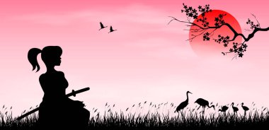 Samuray kılıçlı savaşçı bir kız gün batımına karşı çimlerin üzerinde oturur. Güneş, sakura dalı ve kuşlar. Japon manzarası.