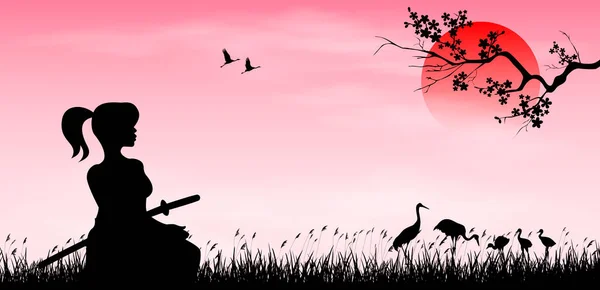 Warrior Girl Samurai Sword Sits Grass Sunset Background Sun Sakura — Stock Vector