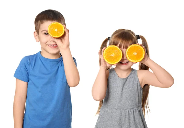 Aranyos Kis Gyermekek Citrusfélék Fehér Háttér — Stock Fotó