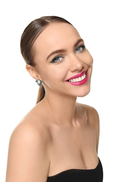 Portrait Jeune Femme Avec Beau Maquillage Professionnel Sur Fond Blanc — Photo