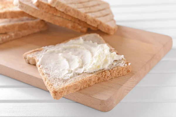 Toasted Bread Cream Cheese Wooden Board — Stock Photo, Image