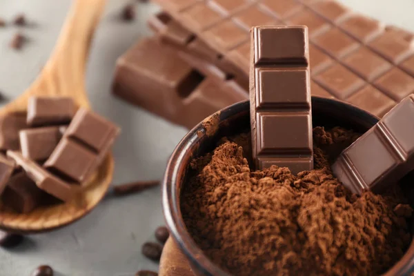 Kom Met Chocolade Cacao Poeder Tafel Close — Stockfoto