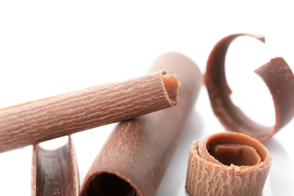 Delicious Chocolate Curls White Background Closeup — Stock Photo, Image